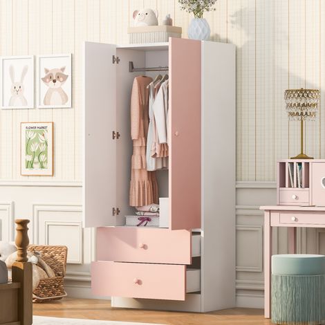 Kleiderschrank 70 x 40 x 170 cm mit Kleiderstange und 2 Schubladen, Rosa/Weiß OKMYHOME (1/5)
