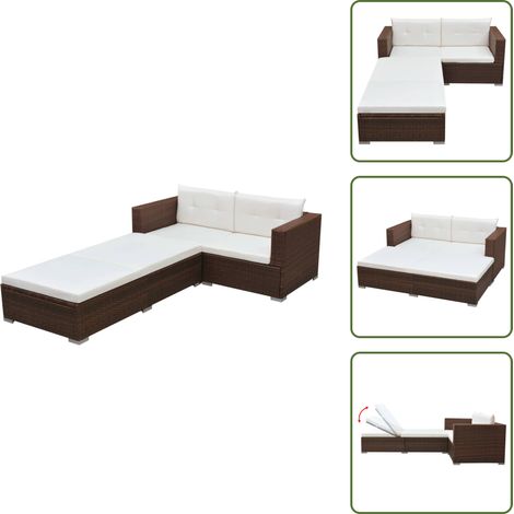 The Living Store Set Divani da Giardino 3 pz con Cuscini in Polyrattan Marrone - Lettino prendisole