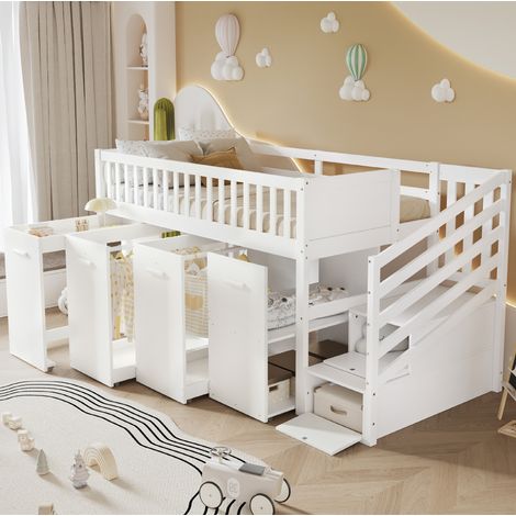 Letto bambini 90x200 cm con scrivania, armadio, armadietti e sponda, struttura in legno, bianco (1/5)