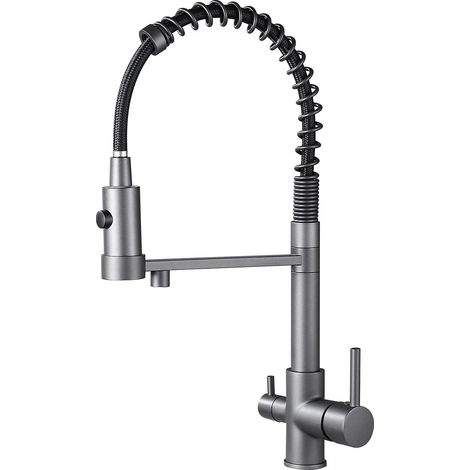 Robinet de cuisine 3 voies, robinet mélangeur rotatif à 360°, mitigeur pour évier avec bec flexible, robinet pour évier de cuisine pour eau froide et chaude et filtre (gris) (1/5)