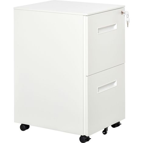 Classeur de bureau avec roues, meuble de rangement à 2 tiroirs avec serrure et 2 clés en acier, 39x48x67cm, blanc (1/5)