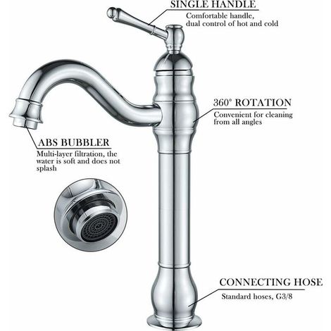 BR-Vie Robinet Salle Bain Haut Peut pivoter à 360 °Mitigeur Lavabo,RéTro Classique Robinet Salle de Bain Robinet Lavabo en Laiton ,Argent (1/4)