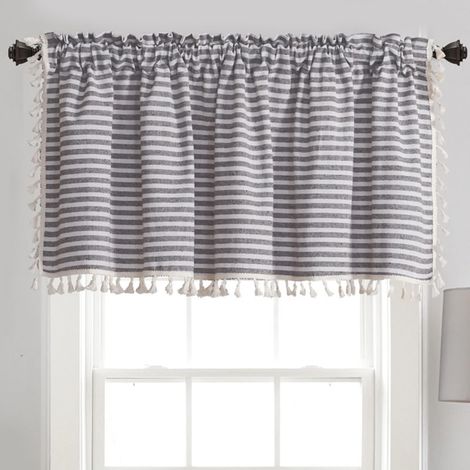 Cortinas cortas para cocina, cafetería o dormitorio. Cortina de algodón a rayas con borlas. Ancho x Alto: 150 x 45 cm. (1/4)