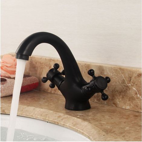 Grifo de baño retro negro, latón antiguo, grifo mezclador de lavabo de dos manijas, grifo de baño, grifo mezclador estilo casa de campo, acabado cepillado, para baño (1/5)