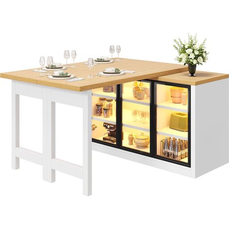 Ilot central de cuisine extensible Blanc,buffet Cuisine rotation 360° avec LED,Étagères réglables,120-197x40x72cm (1/5)