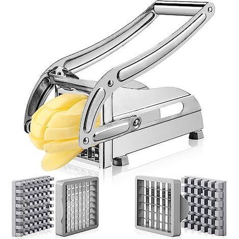 Coupe-frites/trancheuse à pommes de terre en acier inoxydable, équipé de deux lames remplaçables et de pieds antidérapants, adapté à un usage domestique simple. (1/5)