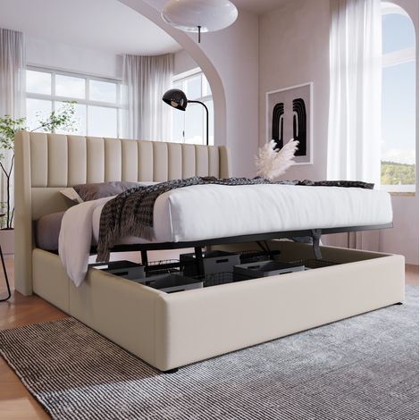 Bett mit Stauraum 140x200 cm, Leinen, Beige/Grau, gepolstertes Kopfteil und hydraulischer Lattenrost (1/5)