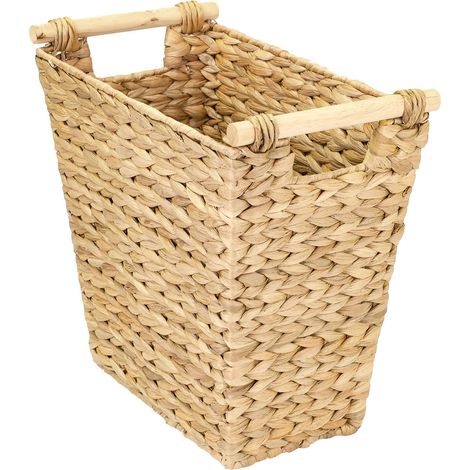 Corbeille à papier pour bureau, panier de rangement tressé avec poignées en bois en jacinthe d’eau Trapèze 36 x 19 x 33 cm (1/5)