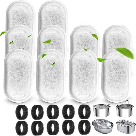 Filtres pour Fontaine a Eau Chat,10 pièces Filtre à Charbon et 10 pièces Une éponge en Mousse pour 3.2L fontaines a Chat en Acier Inoxydable (1/5)
