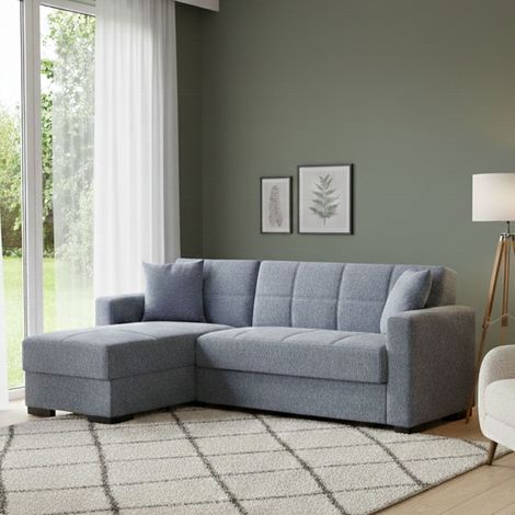 Dmora Sofá cama Fernando, Sofá cama rinconera con península reversible, Sofá contenedor para salón con chaiselongue y 2 cojines, Cm 230x150h81, Gris, con embalaje reforzado (1/5)