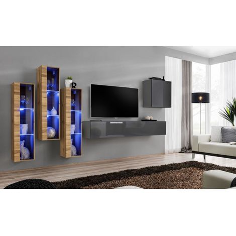 Ensemble mural - Switch XIII - 3 vitrines LED - 1 banc TV - 1 vitrine carrée - Bois et graphite - Modèle 1 - Livraison gratuite