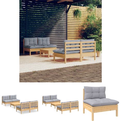 The Living Store - 5-tlg. Garten-Lounge-Set mit Grauen Kissen Kiefernholz (1/5)