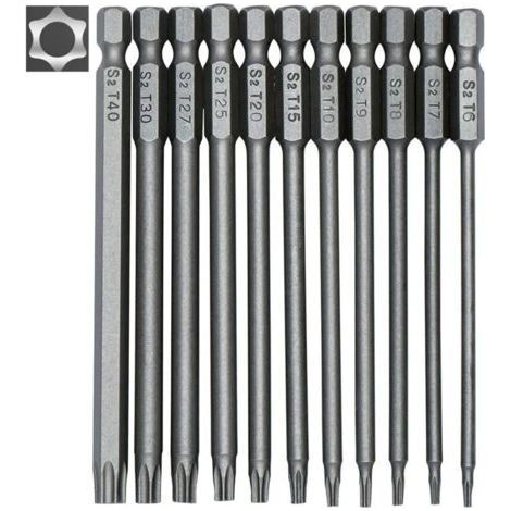 Ulisem 11-piece long Torx bit set for screwdrivers and electric screwdrivers - Magnetic bits - 1/4" hexagonal drive - Sizes T6 to T40 - Length 100 mm (1/4)