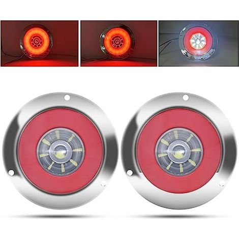Biqing 2pcs 4" Feux Remorque LED Rond,12V 24V Led Feux Arrière de Remorque Rouge Feux Stop Blanc Feu de Recul Lamp Avec Lunette Chromée Eclairage pour Remorque Camion Van Remorque RV (1/5)
