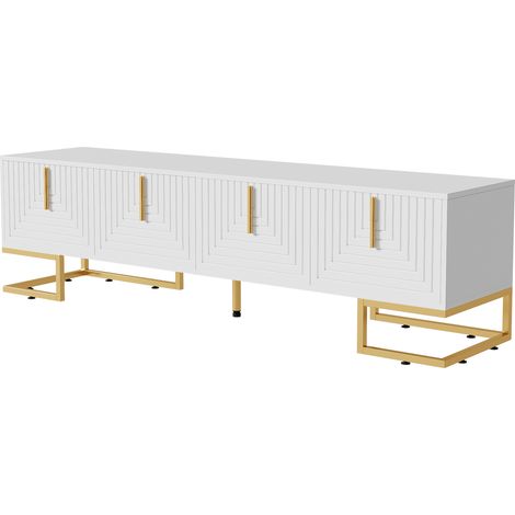 Mueble TV blanco con 4 puertas texturizadas, tiradores y patas doradas 170x40x45,5 cm MODENUIT (1/5)