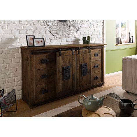 Massivmoebel24 – Buffet en bois de manguier laqué marron – Style industriel avec métal noirci – Portes coulissantes et 8 tiroirs – Dimensions optimales pour rangement
