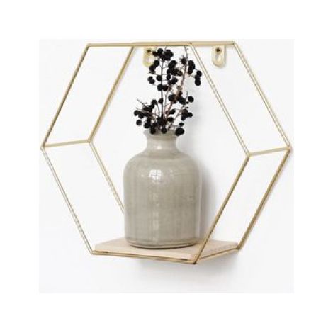 Étagère murale industrielle en métal doré avec 1 étagère en bois - Hexagonale - 25 x 28,5 cm (1/5)