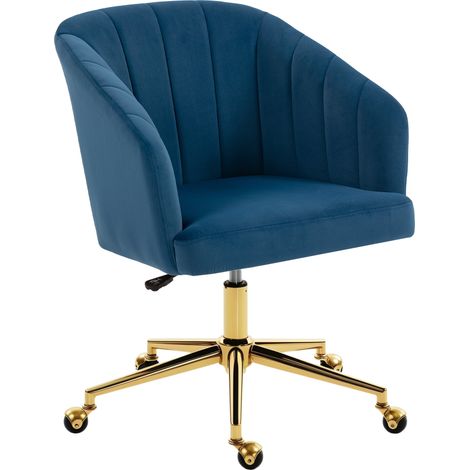 HOMCOM silla de oficina con ruedas, silla de escritorio de terciopelo con respaldo acolchado, altura ajustable, espuma de alta resiliencia, azul