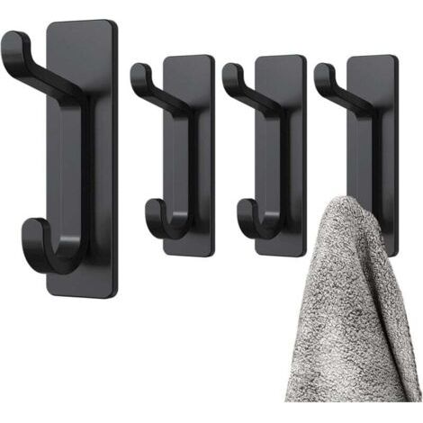 4 Pièces Noir, Crochet Adhesif Mural, Porte Serviette Salle de Bain, Accroche Torchon Cuisine, Porte Manteau Adhésif, Attache Murale Sans Percer, Etanche, Antirouille