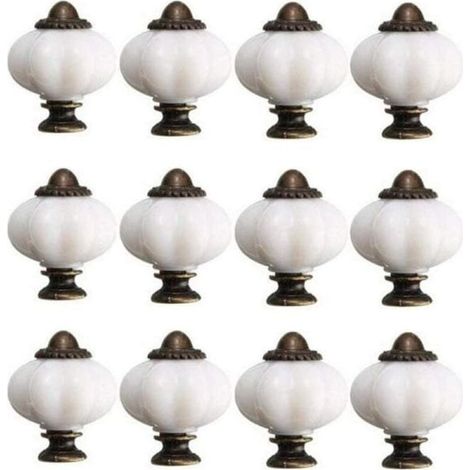 Online Store - Lot de 12 boutons de porte de meuble, 30 mm, style vintage, en céramique blanche avec 12 vis, pour portes de meubles et tiroirs. (1/5)