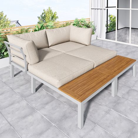 ELVMI Salotto da Giardino con 2 Divani 2 Posti, 2 Tavolini Laterali e 1 Tavolino, Ferro e Legno di Acacia, Beige (1/5)