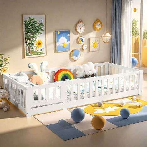 Bett Kind 90x200 cm, Einzelbett mit Absturzsicherung, Lattenrost, Kinderbett Haus, Weiß, Massivholz, Mädchenbett