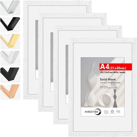4x Bilderrahmen DIN A4 Weiss Massivholz mit Passepartout für A5 (1/5)