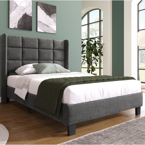 Lit une place fixe 90 x 200 cm en tissu gris, tête de lit rembourrée haute, sommier à lattes en bois, cadre acier stable, charge 100 kg – de FLORAGRACE (1/5)