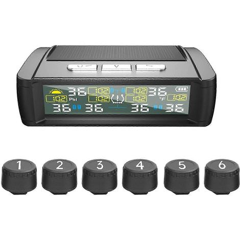 Sistema de monitoreo de presión de neumáticos, monitor de presión de neumáticos solar inalámbrico con 6 sensores externos, visualización en tiempo real de temperatura y presión para remolques de vehíc (1/5)