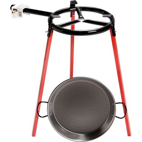 Set réchaud gaz 30 cm 3 pieds – Plat à paëlla acier poli D 42 cm – Capacité 6 à 8 convives – Fabrication Espagne – Vaello Campos