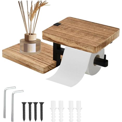 Soporte de papel higiénico de bambú para pared, soporte de papel higiénico con bandeja, dispensador de papel higiénico de madera para pared, estante para papel higiénico, almacenamiento para baño
