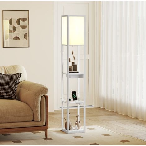 Lampada da terra con ripiani, prese USB e interruttore a pedale, MDF bianco (1/5)