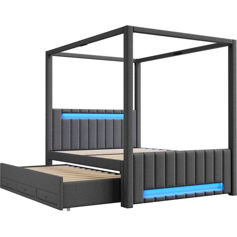 Polster-Baldachinbett 140 x 200 cm mit Ausziehbett, 3 Schubladen und LED, grau, MODENUIT (1/5)