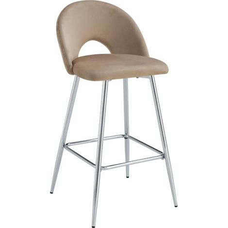 Lot 2 Tabourets de Bar Teddy Velours Taupe Pieds Chrome 47x36x98cm (1/5)