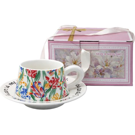 300 ml Porzellantasse mit Untertasse, Tulpenmotiv + Geschenkbox (1/4)