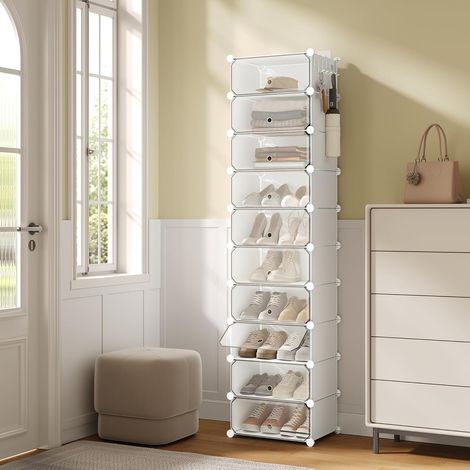 Lot de 10 Boîte à Chaussures WOLTU, pour 20 Paires, Rangement Chaussures avec Porte, Crochets, 40x30x170cm, Blanc (1/5)