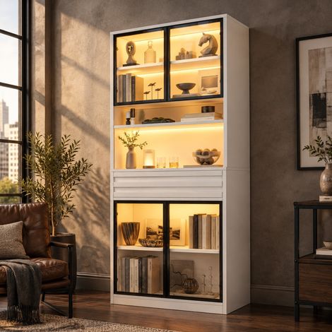Vitrina 80/35/200 cm blanca de MDF con 4 puertas de cristal, cajón y LED RGB (1/5)