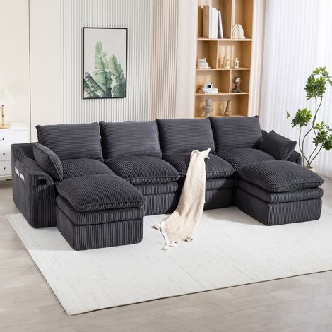 Divano modulare 4 posti in tessuto a coste grigio scuro 335x167x85 cm con 2 pouf e tasche laterali (1/5)