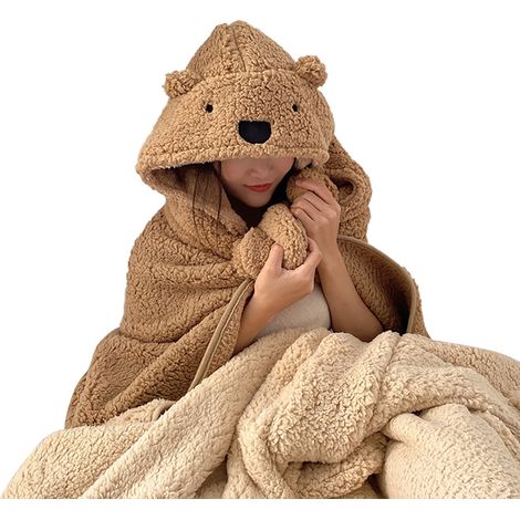 Couverture polaire chaude avec capuche pour enfants et adultes, douce et épaisse, 120x123 cm, marron (1/5)