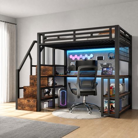Lit mezzanine enfant 140x200 cm métal et MDF noir avec bureau, gain de place, sans matelas – MEUBLIV (1/5)