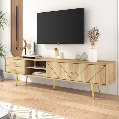 Mobile TV moderno ed elegante con 2 cassetti + 2 ante dal design geometrico unico, gambe dorate, 160 x 36 x 42 cm