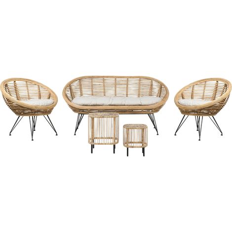 Set divano 4 posti Rattan Beige chiaro Cuscino in tessuto di cotone Interno Esterno Naturale con 2 tavolini Maratea