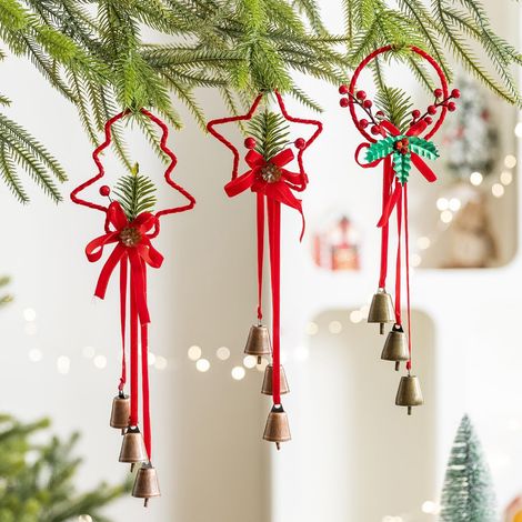 Set di 3 decorazioni natalizie dorate - Campanella in metallo, stella rossa, farfalla, fiocco, ornamento per albero - Ciondolo a campana vintage - Adatto per decorare un albero di Natale, una ghirland