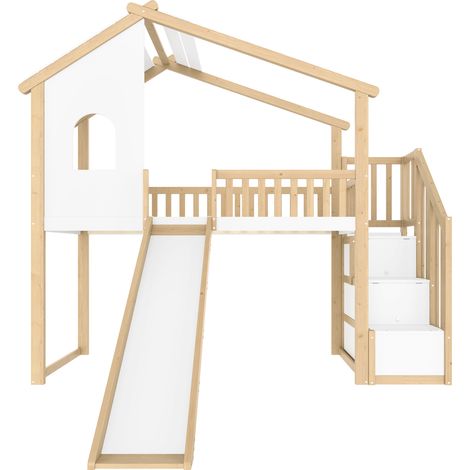 Lit mezzanine enfant 90x200 cm avec toboggan, escalier de rangement, blanc et naturel (1/5)