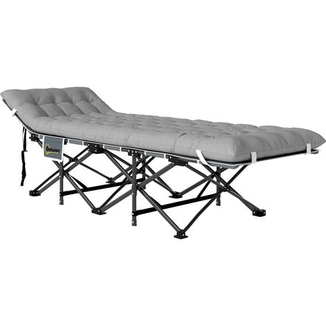 Lit de camping pliable avec matelas, pochette latérale, sac intégré, 185 x 68 x 37 cm, gris clair