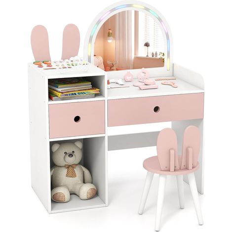 COSTWAY Coiffeuse Enfant Fille avec Chaise et Miroir Lumineux, Bureau Enfant en Forme de Lapin avec Étagères Ouvertes et Tiroirs de Rangement, pour Chambre d'enfant, Salle de Jeux, 3+ Ans (Blanc) (1/5)