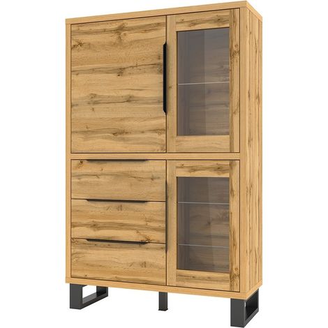 Vitrinenschrank in Eichenfarbe aus der MILO-Kollektion. Schwarze Ausführung. Ideales Möbelstück für Ihr Esszimmer.