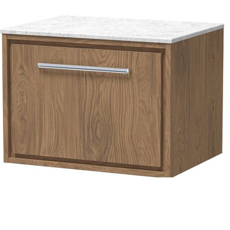 Longnor 1 Drawer Wall Hung Vanity Unit with White Marble Worktop, Antique Oak, 600mm