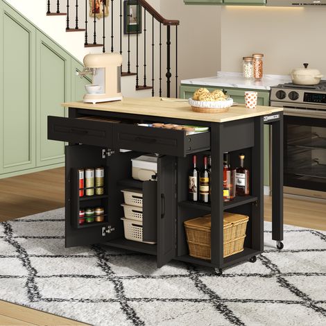 MODFU - Carrello da cucina estensibile 120×50 cm con barra 110×27 cm, prese AC e USB, 2 cassetti, 2 ante, MDF nero/naturale (1/5)