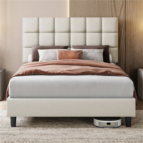 Homevive Cama Tapizada de 140 x 200 cm Cama de Matrimonio con Cabecero Regulable en Altura Marco de Cama Tapizado Estable con Listón de Madera, Color Beige